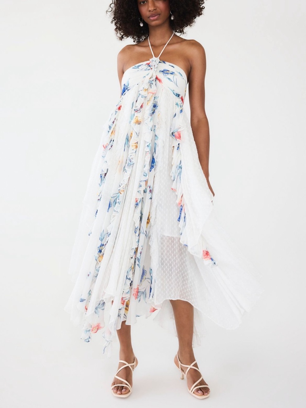 Free People Garden Party Halter Cascading Lace Ruffles Asymmetrical Midi Dress